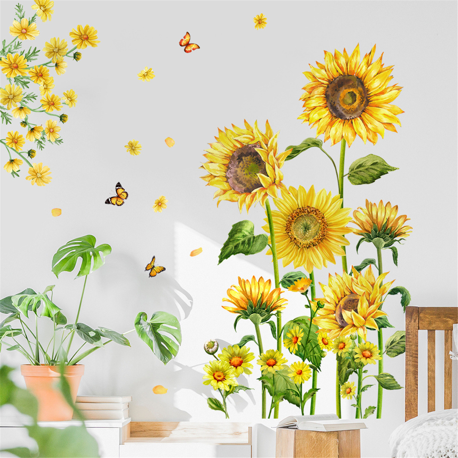 TERGAYEE Sunflower Wall Decals Butterfly Stickers,Removable Wall Stickers,Sunflower Art Mural Decor, for Bedroom Living Room Background Wall Decoration